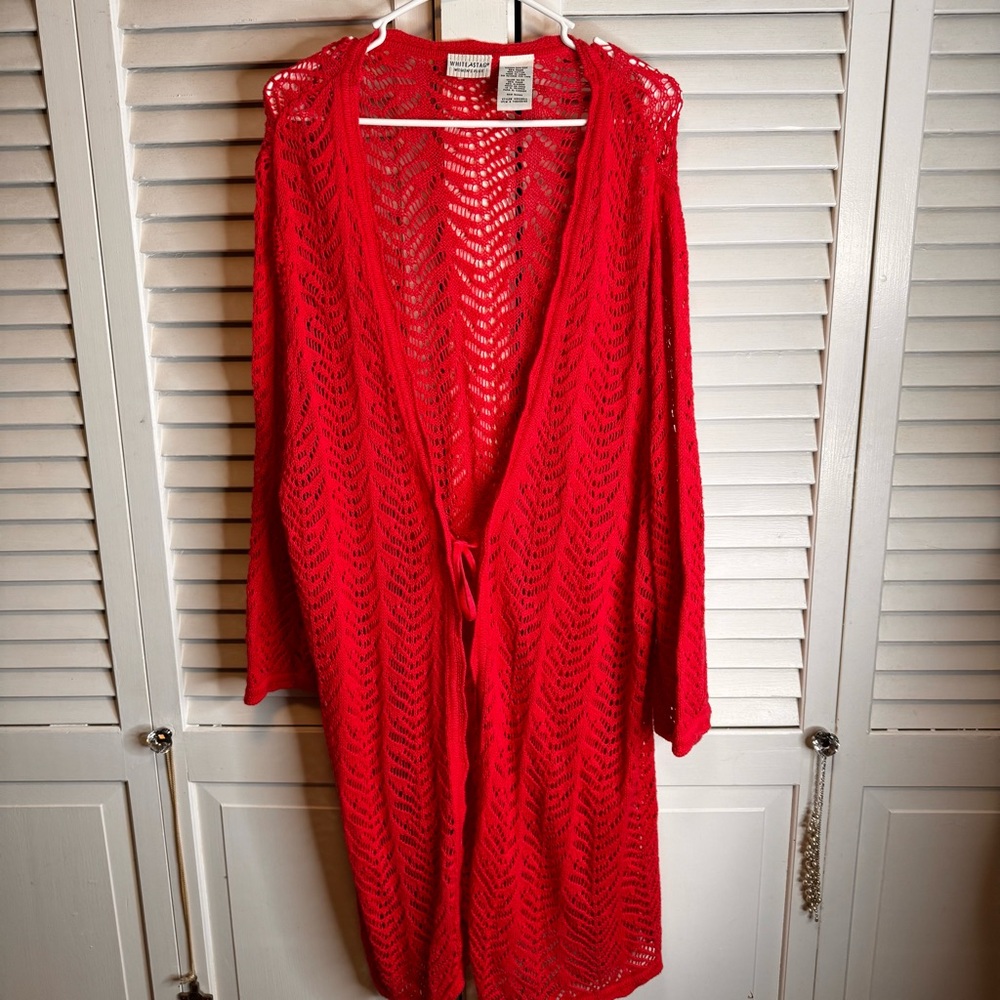 VINTAGE WHITE STAG PLUS SIZE HOT PINK CROCHETED BEACH COVER UP CARDIGAN DUSTER
